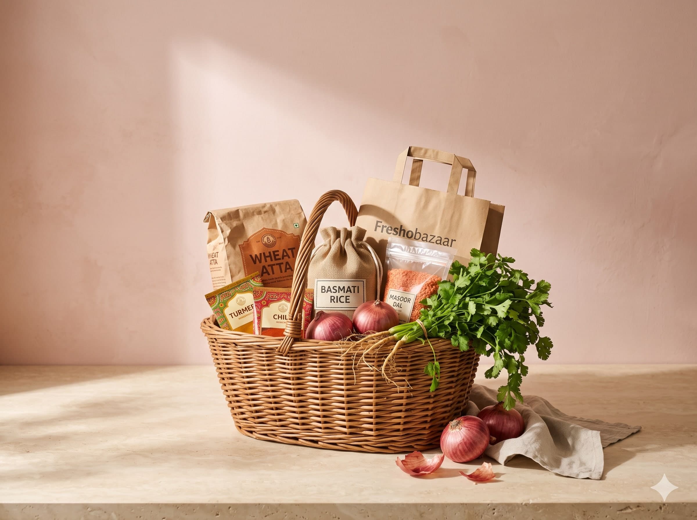 A wicker basket of everyday groceries: wheat atta, basmati rice, masoor dal, turmeric and chilli packets, red onions and fresh coriander, beside a Fresho Bazaar paper bag