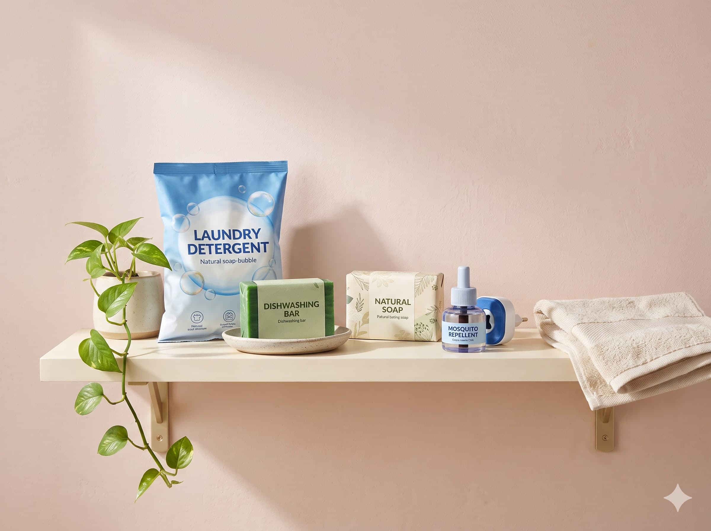 Household essentials on a shelf: laundry detergent, a dishwashing bar, a bar of soap and a mosquito repellent refill