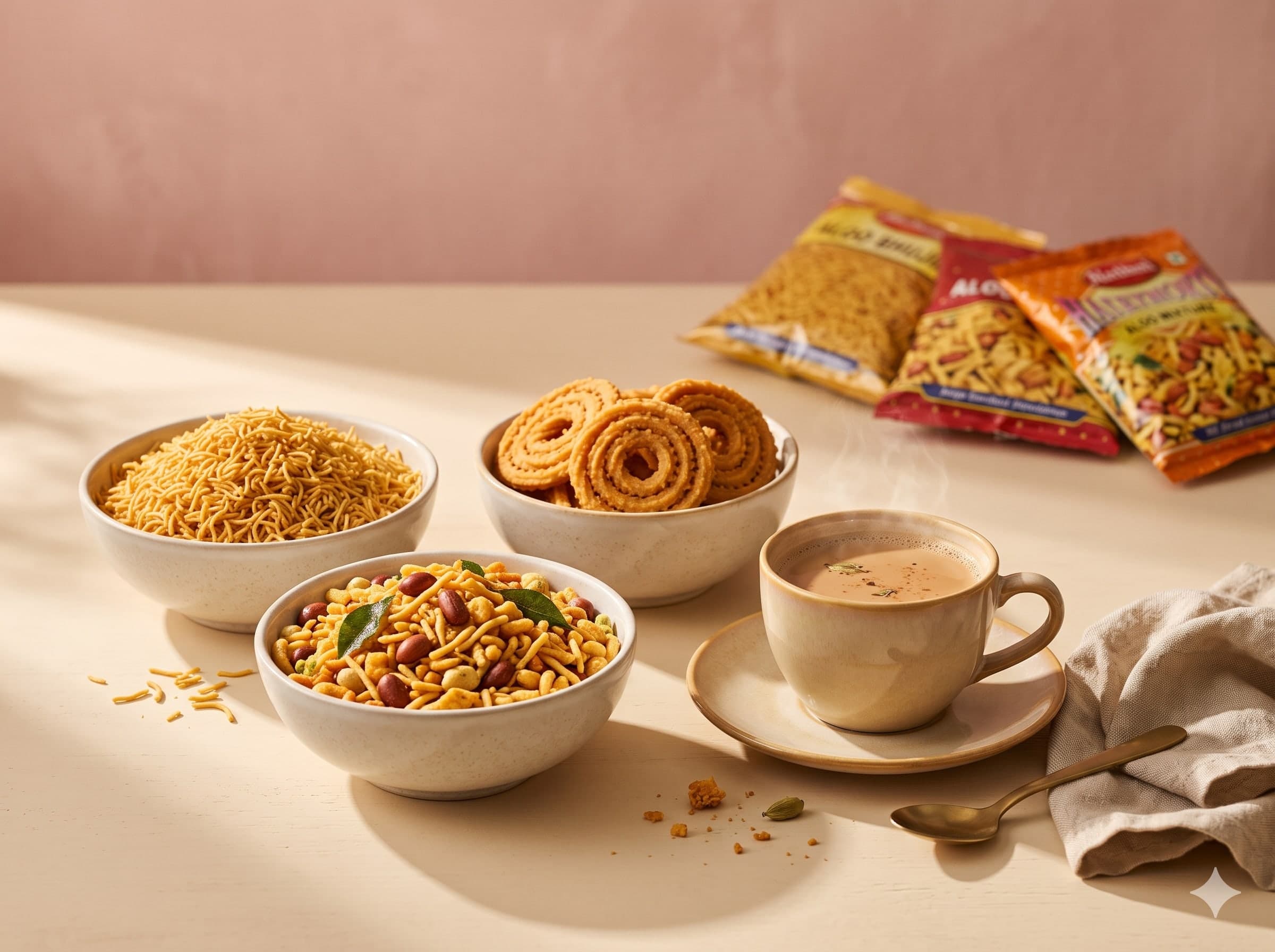 Bowls of bhujia, chakli and namkeen mixture beside a cup of masala chai, with snack packets behind
