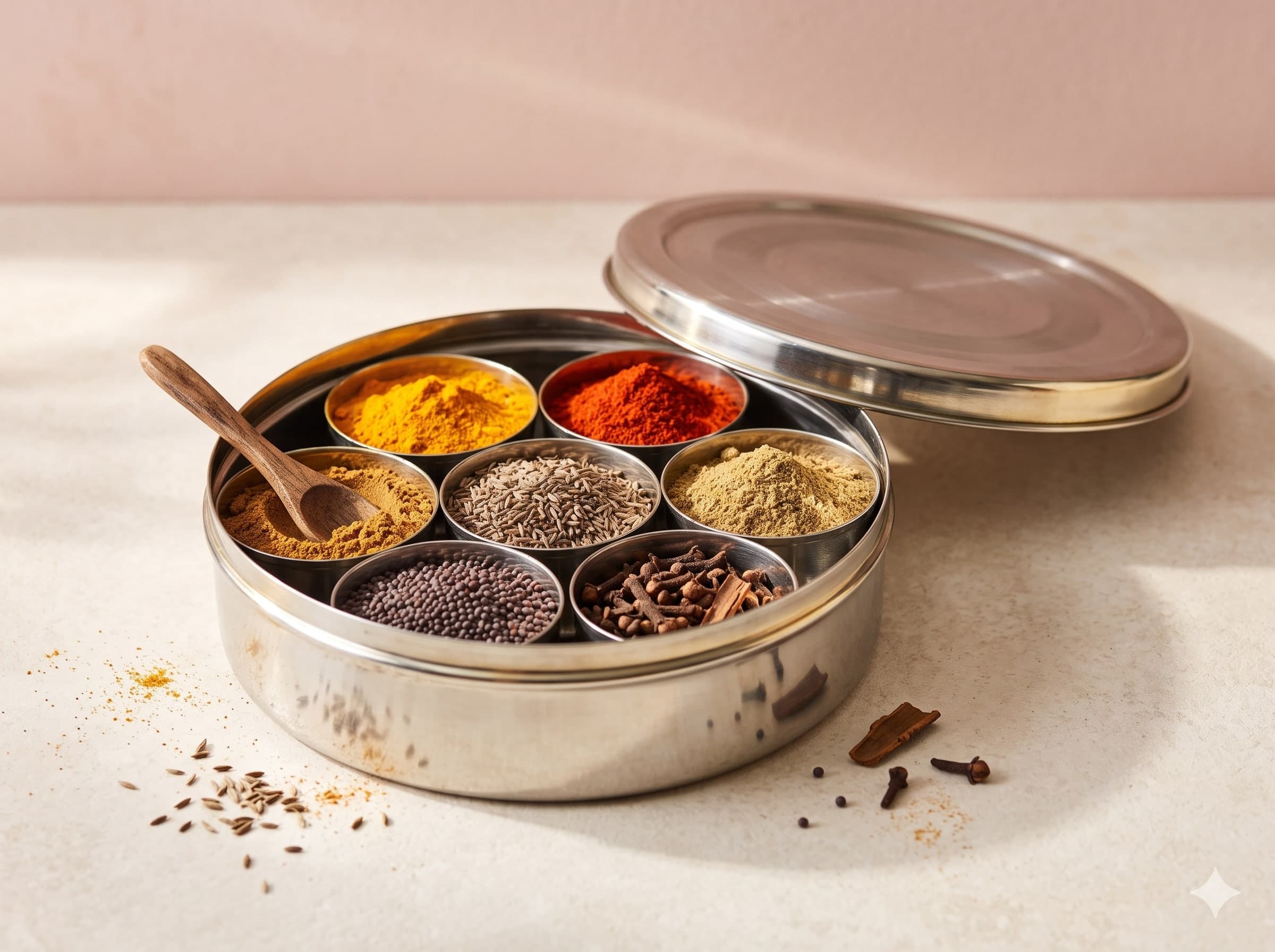 An open steel masala dabba holding turmeric, red chilli, coriander, cumin, mustard seeds, cloves and cinnamon