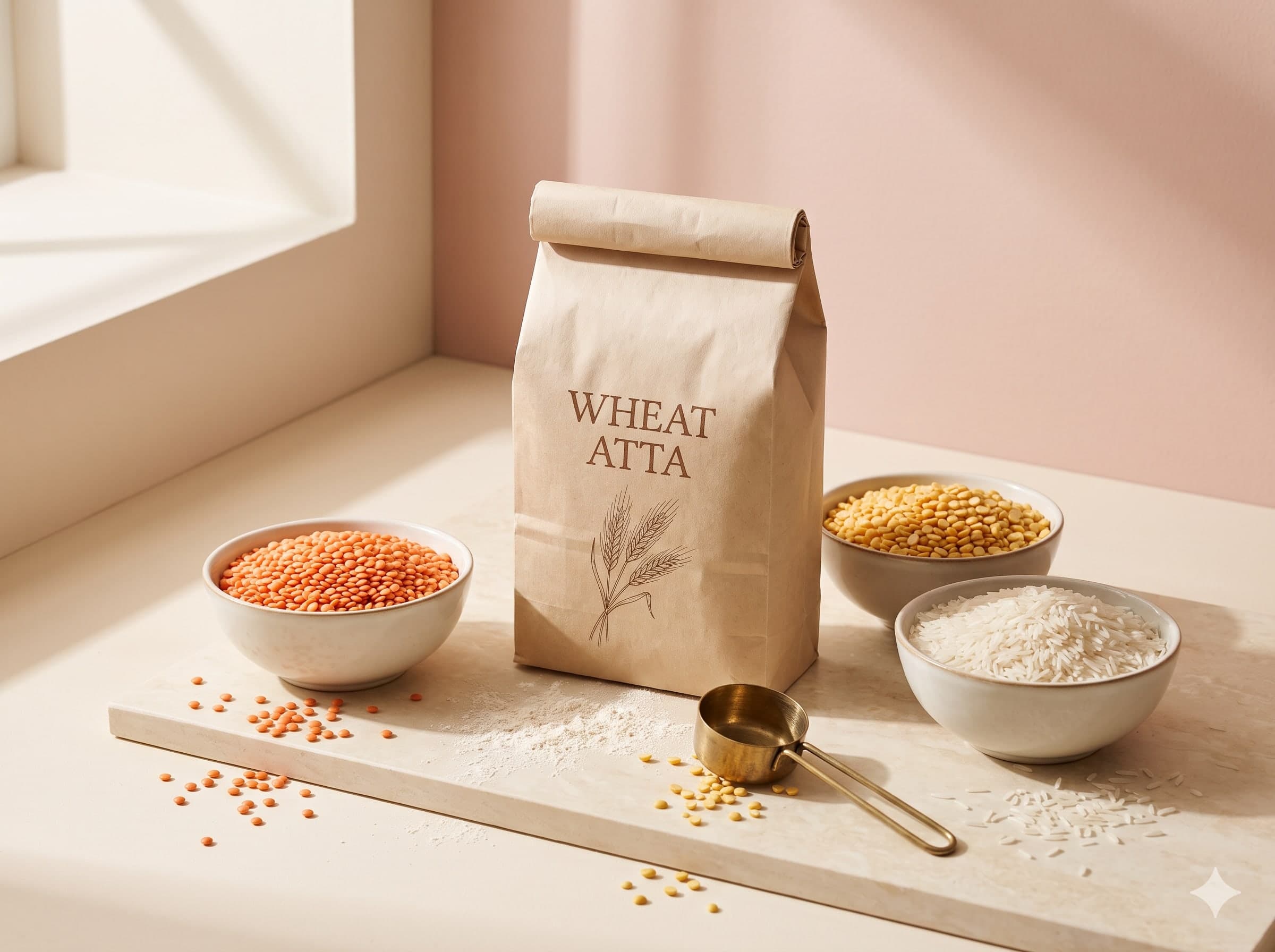 A paper bag of wheat atta with bowls of masoor dal, chana dal and rice and a brass measuring scoop