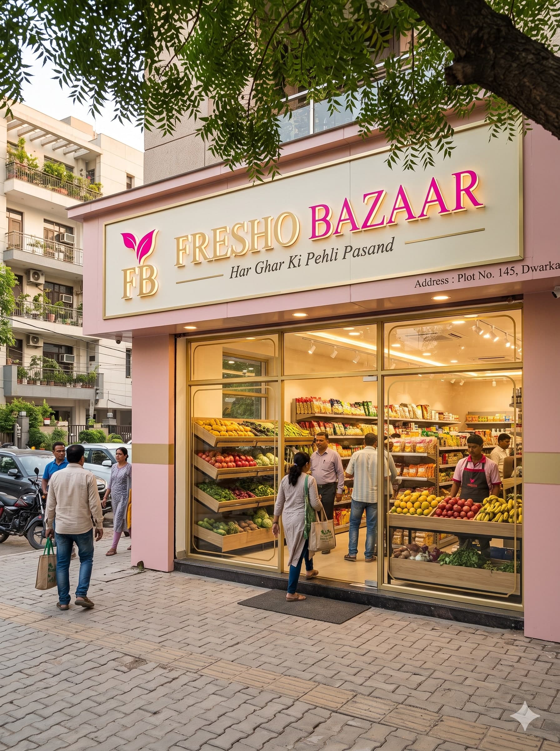 The Fresho Bazaar shopfront in Dwarka: a cream sign with the FB leaf logo and the tagline, above glass doors opening onto shelves of groceries