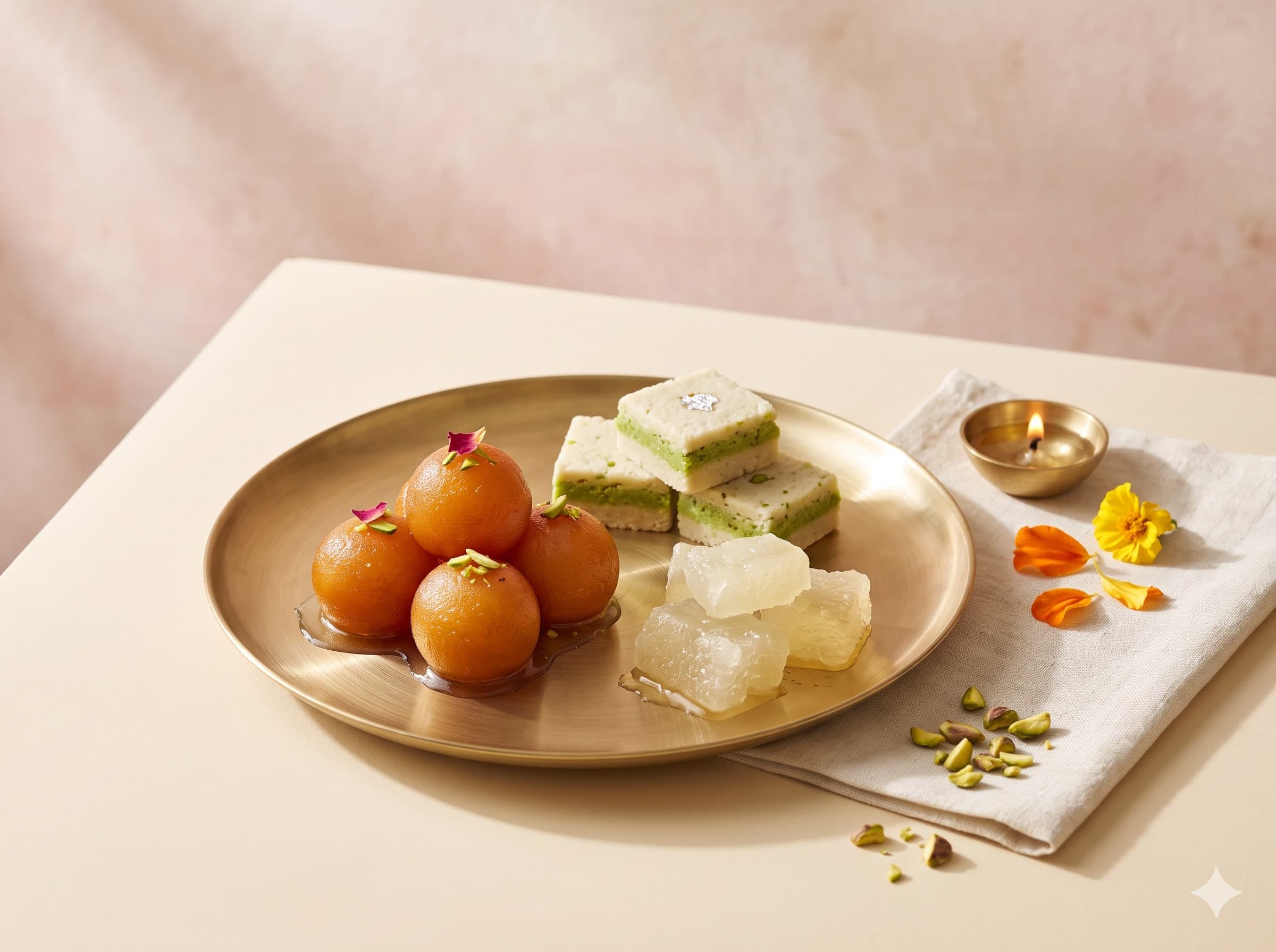 A brass plate of gulab jamun, pista barfi and petha, with a lit diya and marigold petals